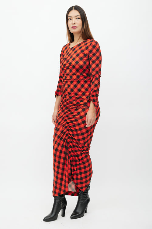 Preen Red & Black Plaid Ruched Dress