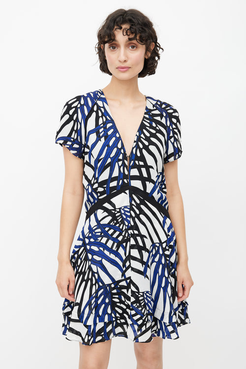 Proenza Schouler Blue, Black & White Abstract Floral Mini Dress