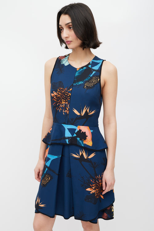 Proenza Schouler Blue Floral Print Peplum Dress