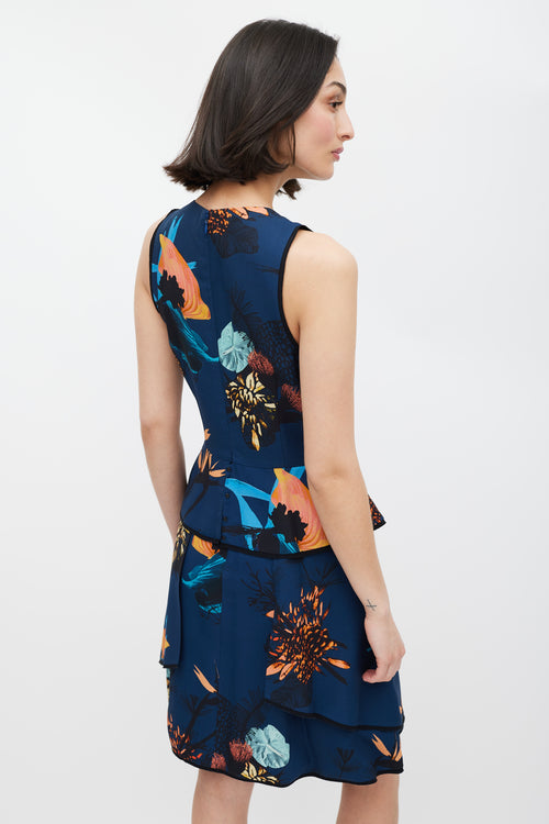 Proenza Schouler Blue Floral Print Peplum Dress