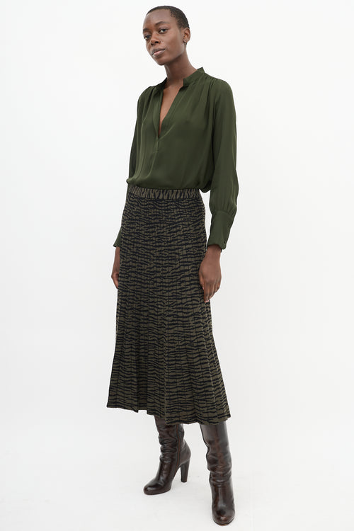 Proenza Schouler Green & Black Intarsia Stripe Pleated Midi Skirt