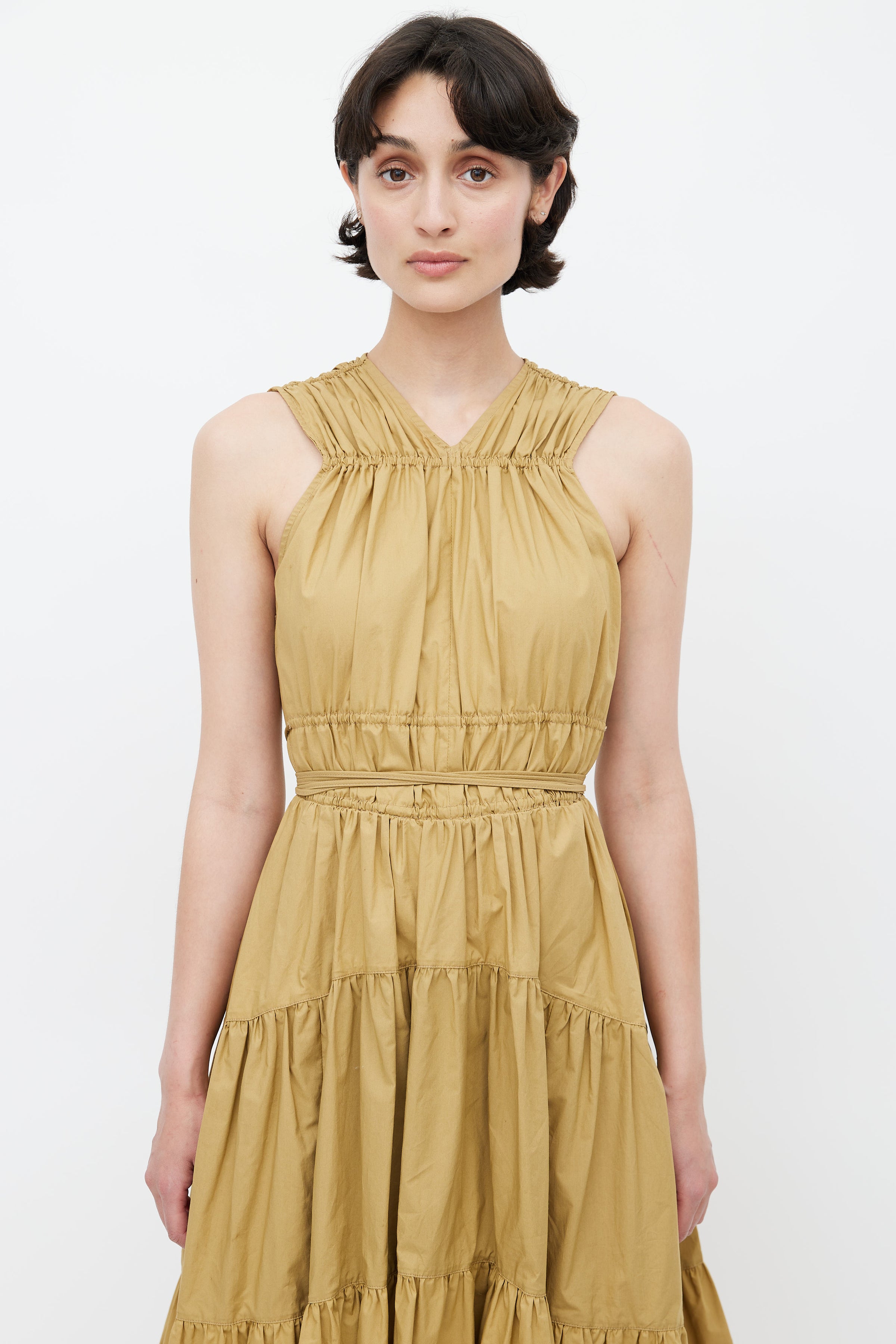 Proenza Schouler // Khaki Brown Drawstring Ruched Midi Dress VSP Consignment Proenza Schouler // Khaki Brown Drawstring Ruched Midi Dress VSP Consignment