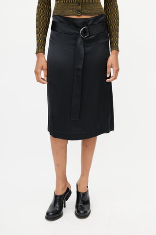 Celine Black Satin Belted Skirt