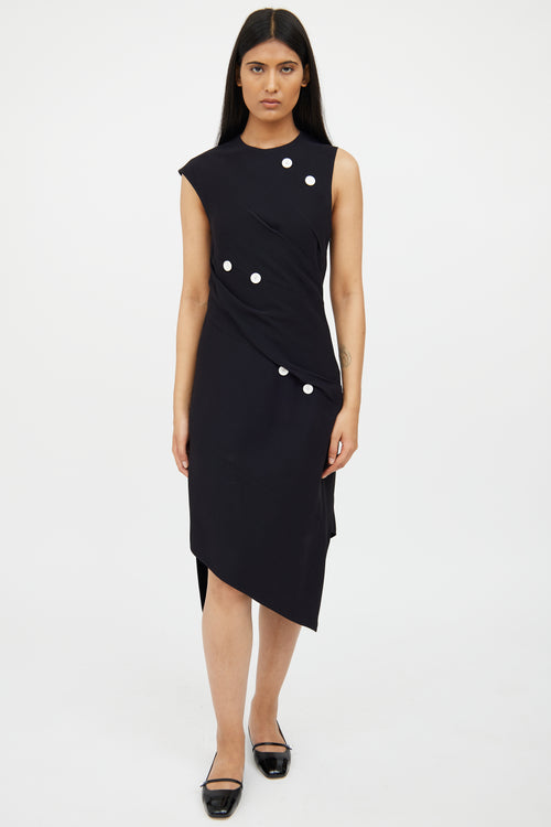 Proenza Schouler Navy Asymmetrical Button Detail Dress