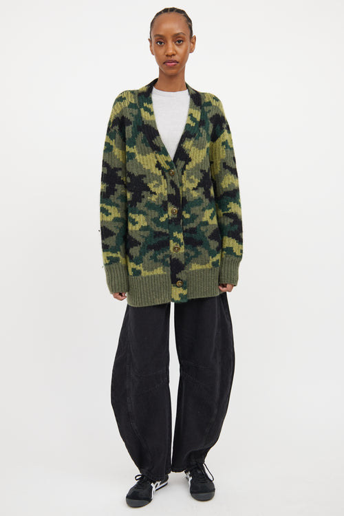 Green & Multicolour Wool Knit Camo Cardigan