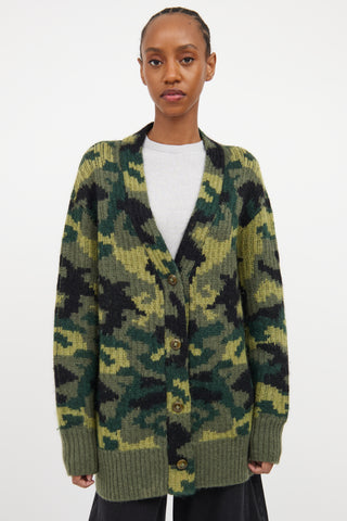 Green & Multicolour Wool Knit Camo Cardigan