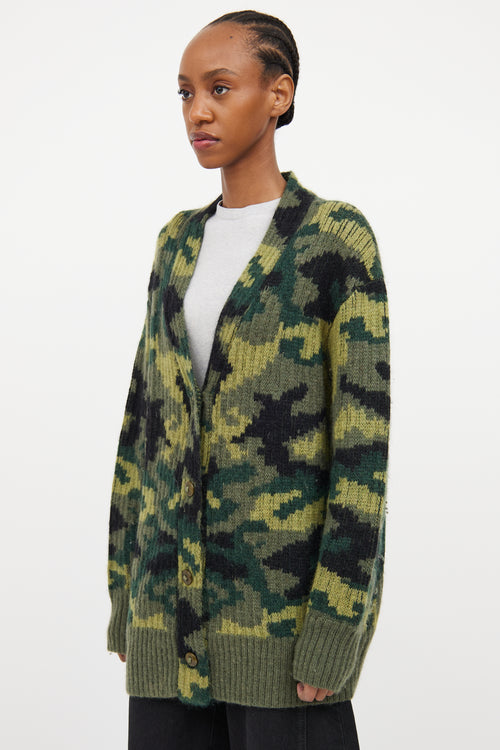 Green & Multicolour Wool Knit Camo Cardigan