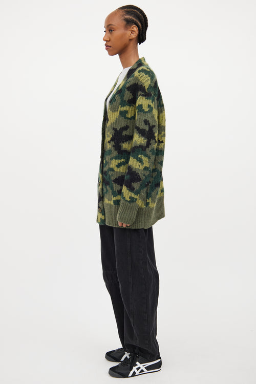 Green & Multicolour Wool Knit Camo Cardigan