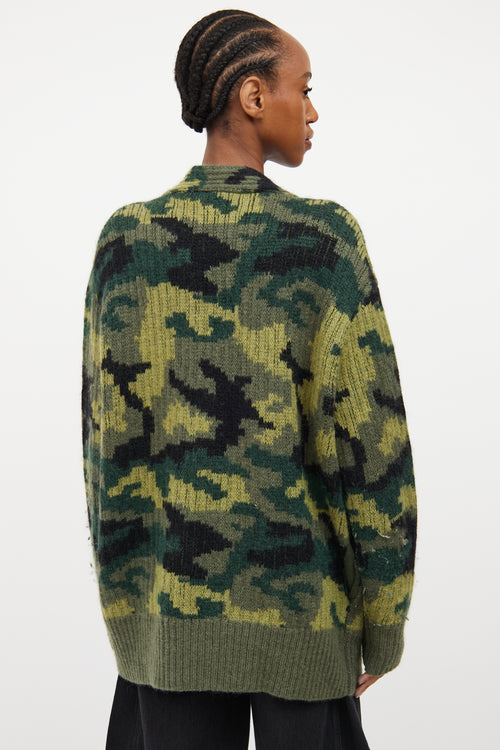 Green & Multicolour Wool Knit Camo Cardigan