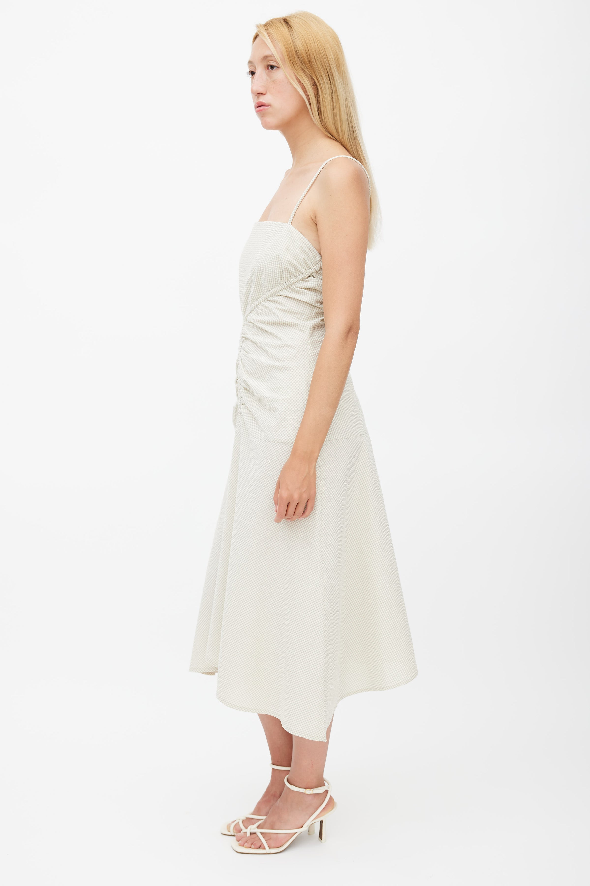 Proenza Schouler // Beige Gingham Ruched Strappy Dress – VSP