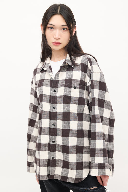 R13 Black & White Cotton Check Oversized Sleeve Shirt