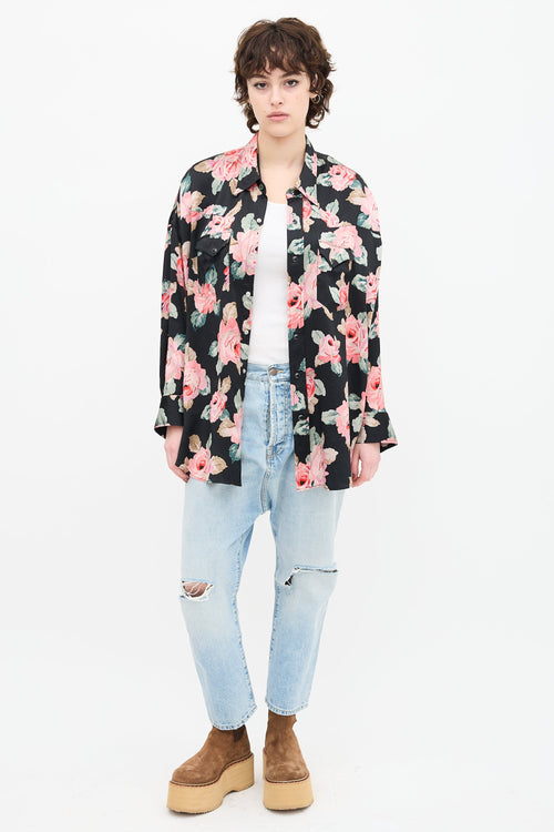 R13 Black & Multi Silk Floral Cowboy Shirt