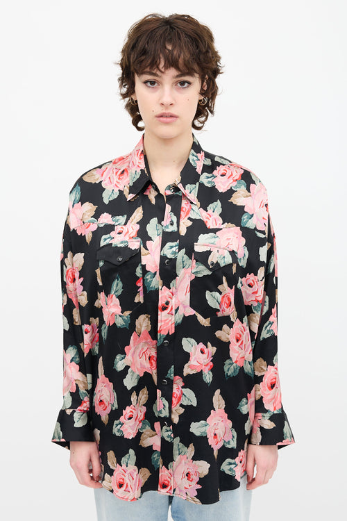 R13 Black & Multi Silk Floral Cowboy Shirt