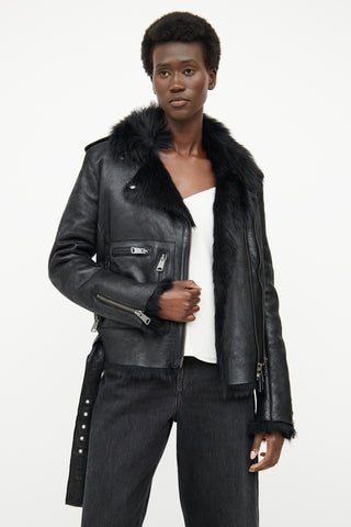 R14 Black Faux Fur Lined Moto Zip Jacket