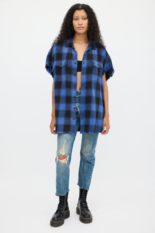 R13 Blue & Black Plaid Oversized Cut Off Shirt