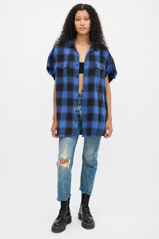 R13 Blue & Black Plaid Oversized Cut Off Shirt