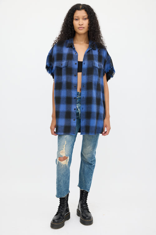 R13 Blue & Black Plaid Oversized Cut Off Shirt