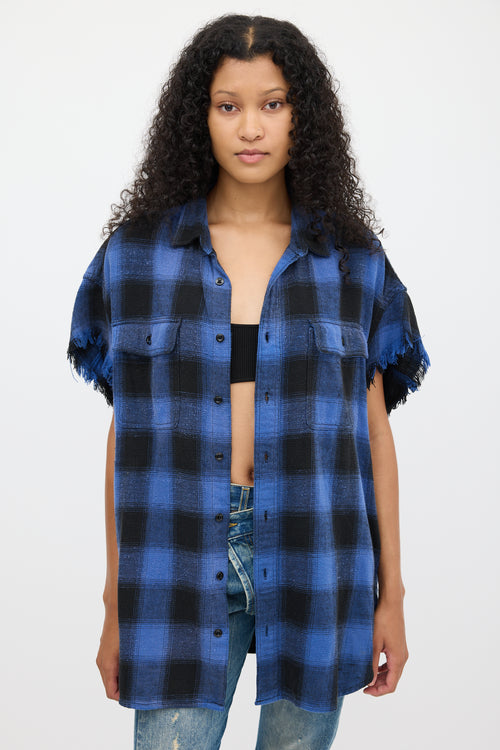 R13 Blue & Black Plaid Oversized Cut Off Shirt