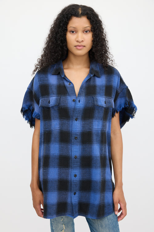 R13 Blue & Black Plaid Oversized Cut Off Shirt