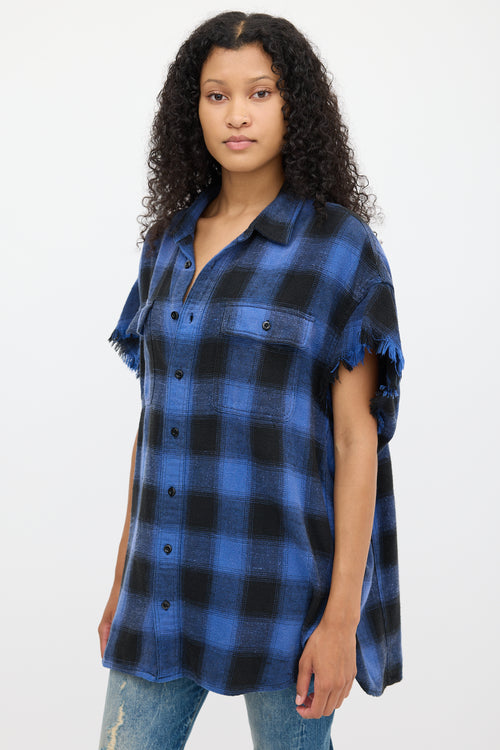 R13 Blue & Black Plaid Oversized Cut Off Shirt