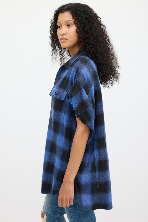 R13 Blue & Black Plaid Oversized Cut Off Shirt