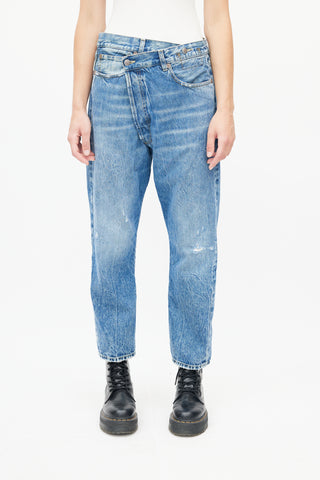 R13 Blue Distressed Washed Crossover Denim Jeans