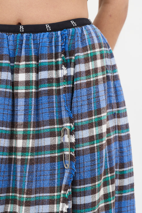 R13 Blue & Green Plaid Kilt Midi Skirt