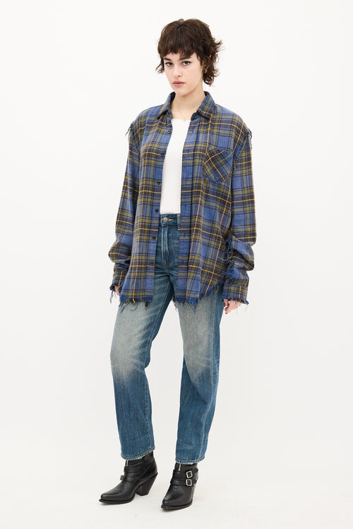 R13 Blue & Yellow Plaid Shredded Seam Shirt