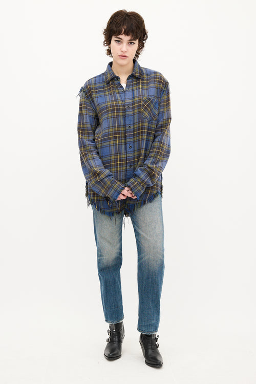 R13 Blue & Yellow Plaid Shredded Seam Shirt