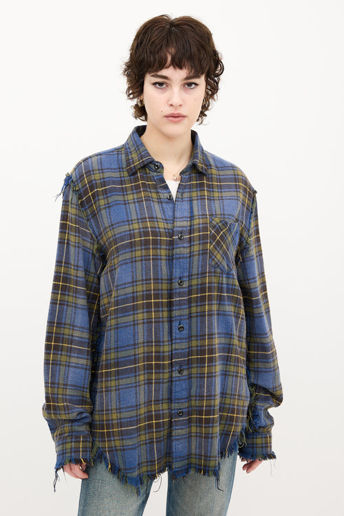 R13 Blue & Yellow Plaid Shredded Seam Shirt