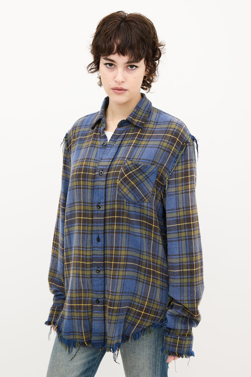 R13 Blue & Yellow Plaid Shredded Seam Shirt