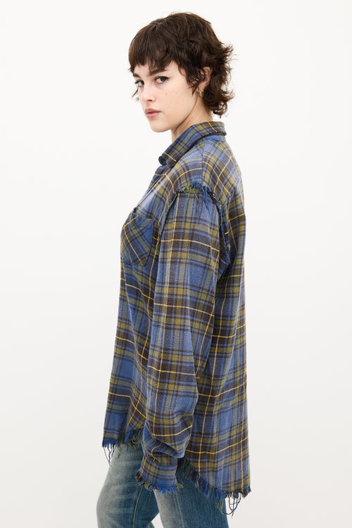 R13 Blue & Yellow Plaid Shredded Seam Shirt