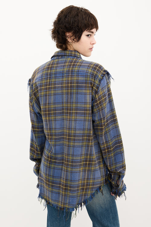 R13 Blue & Yellow Plaid Shredded Seam Shirt