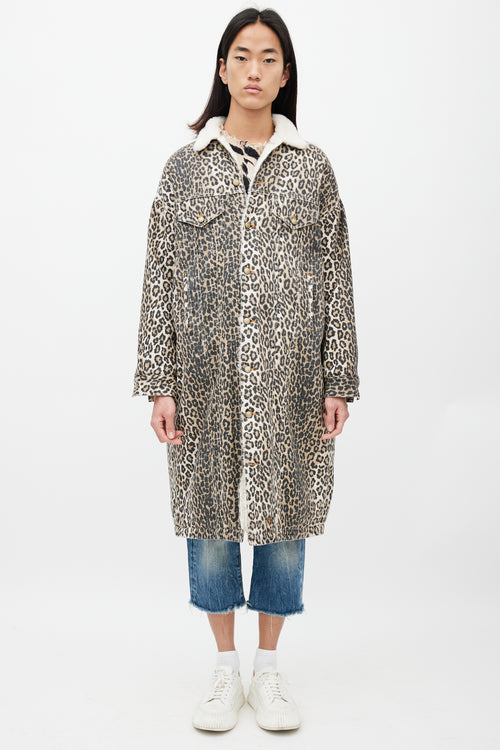 R13 Brown & Black Patterned Denim Shearling Coat