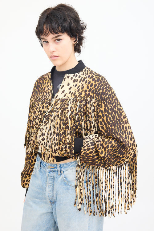 R13 Brown & Black Printed Fringe Bomber Jacket