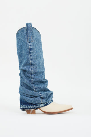 R13 Cream Leather & Medium Wash Denim Sleeve Boot