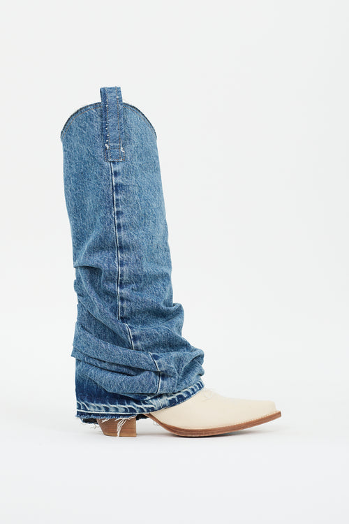 R13 Cream Leather & Medium Wash Denim Sleeve Boot