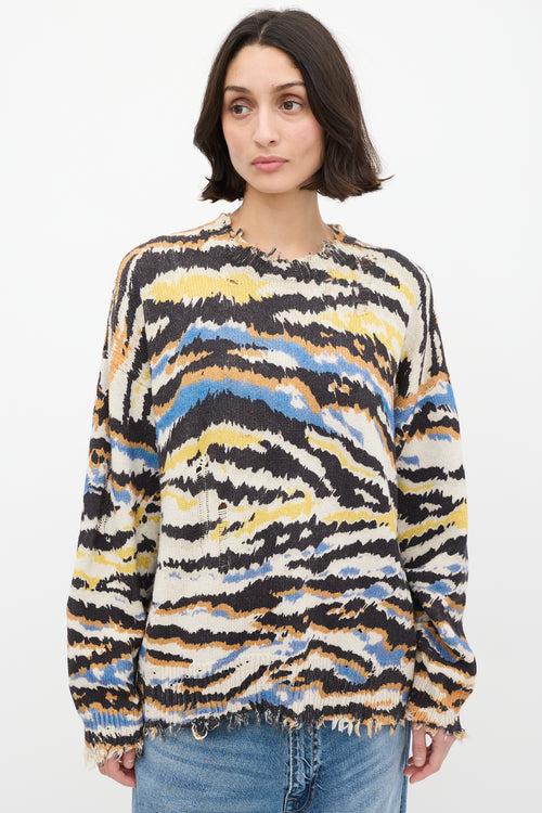 R13 Cream & Multi Distressed Stripe Knit Sweater