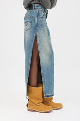R13 Distressed Denim Midi Skirt