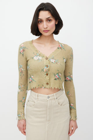 R13 Green & Multicolour Cashmere Distressed Knit Cardigan