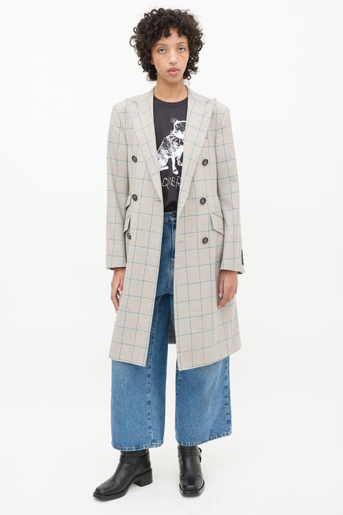 R13 Grey & Blue Wool Plaid Coat