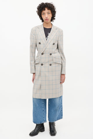 R13 Grey & Blue Wool Plaid Coat