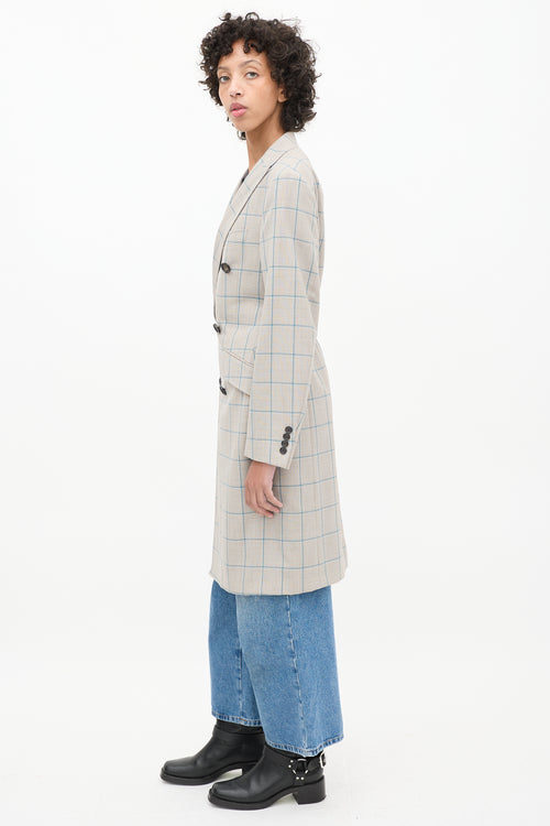 R13 Grey & Blue Wool Plaid Coat