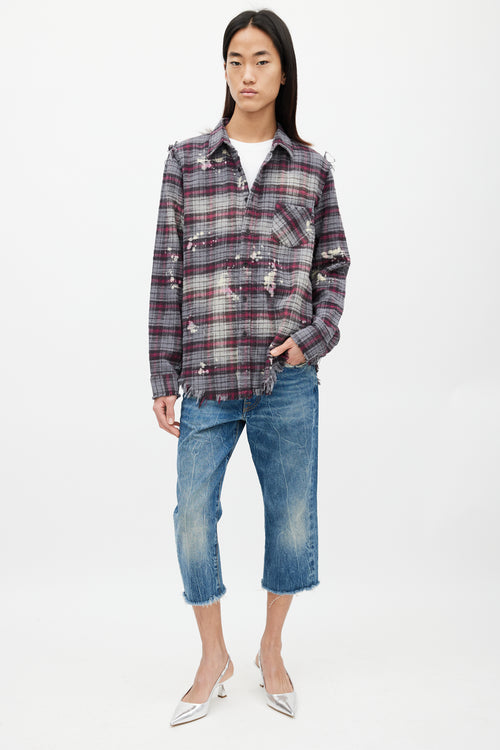 R13 Grey & Red Distressed Plaid Flannel Shirt