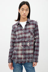 R13 Grey & Red Distressed Plaid Flannel Shirt