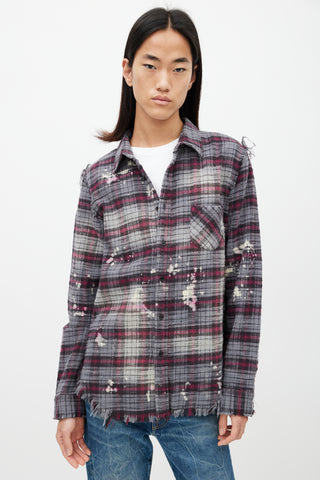 R13 Grey & Red Distressed Plaid Flannel Shirt