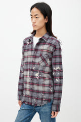 R13 Grey & Red Distressed Plaid Flannel Shirt