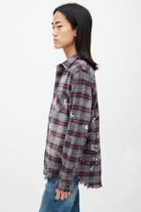 R13 Grey & Red Distressed Plaid Flannel Shirt