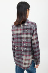 R13 Grey & Red Distressed Plaid Flannel Shirt
