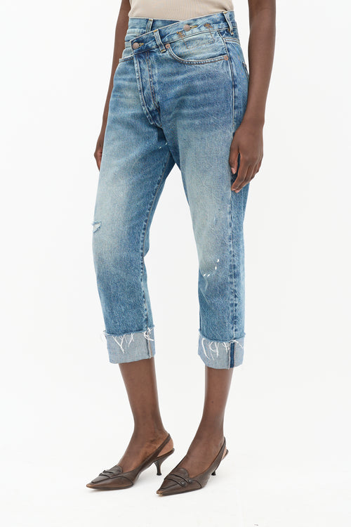 R13 Light Wash Distressed Cross Over Jeans